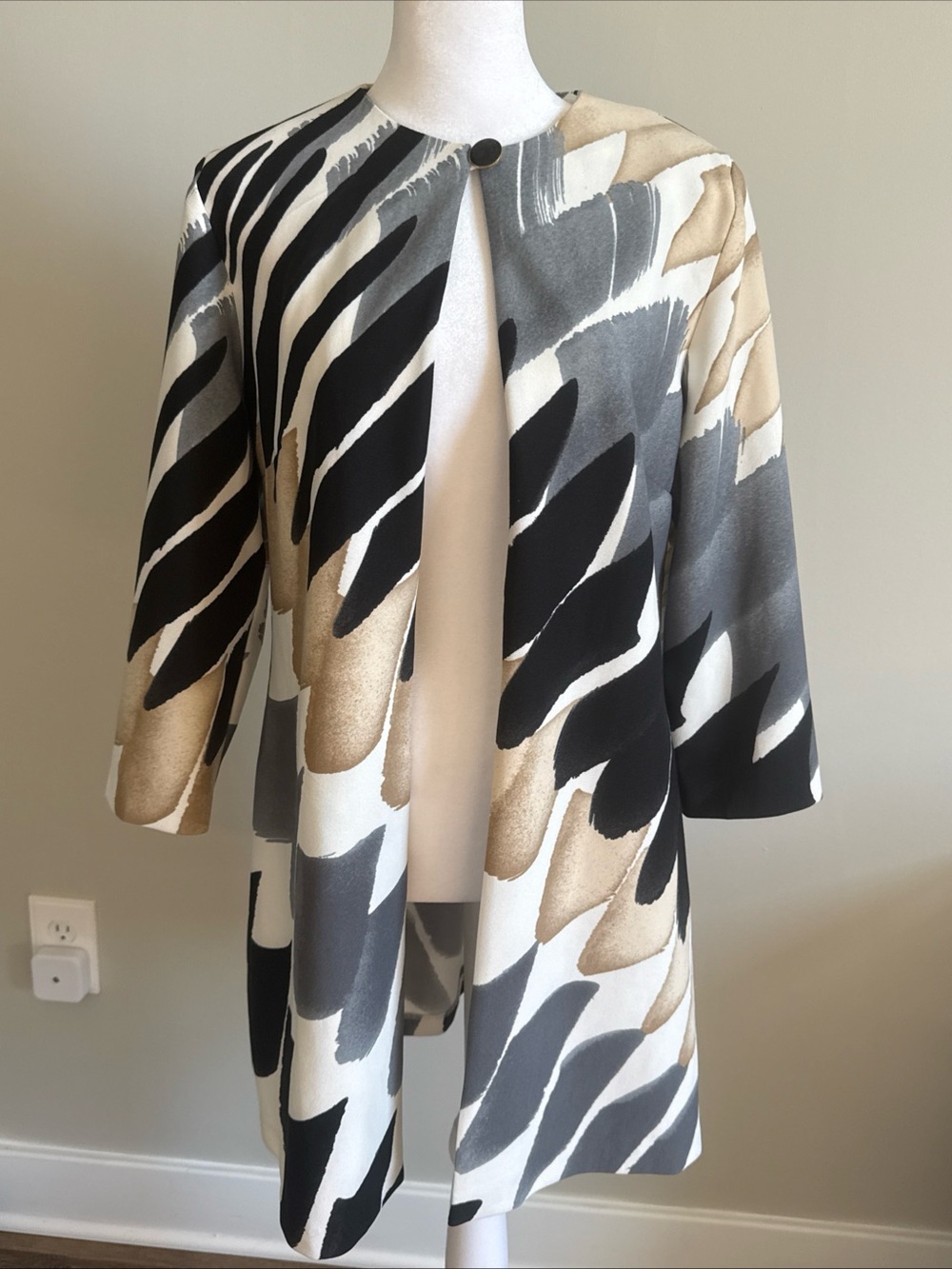 Danny and Nicole Abstract Brushstroke Print Open Front Coat - Black, Gray, Cream